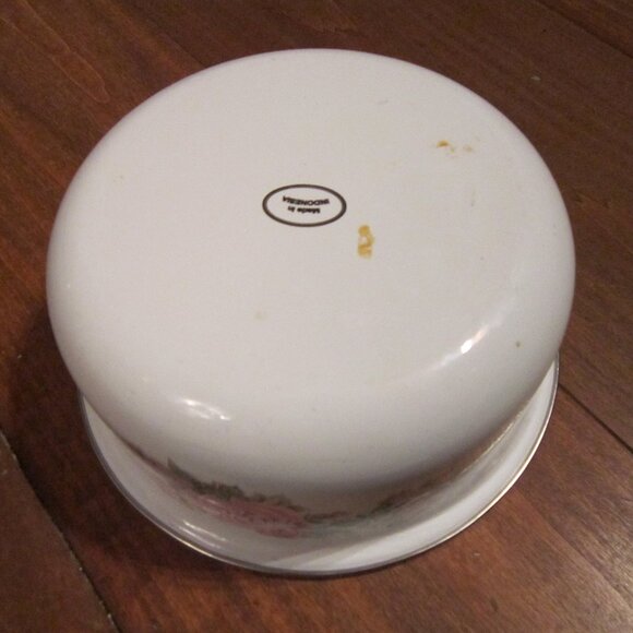 Vintage Pink and Purple Floral Enamel Bowl, White/ Silvertone Farmhouse Chic - Picture 9 of 14